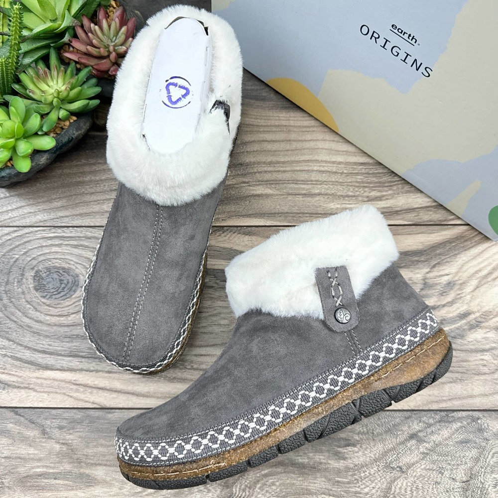 NIB Earth Origins Everlyn 9M Comfort Zip Ankle Bootie Vegan Suede Faux Fur Grey